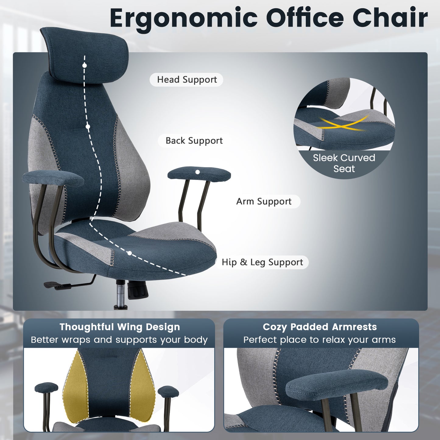 Ergonomic Office Chair Computer Desk Chair with 2D Headrest and Rocking Backrest-Gray