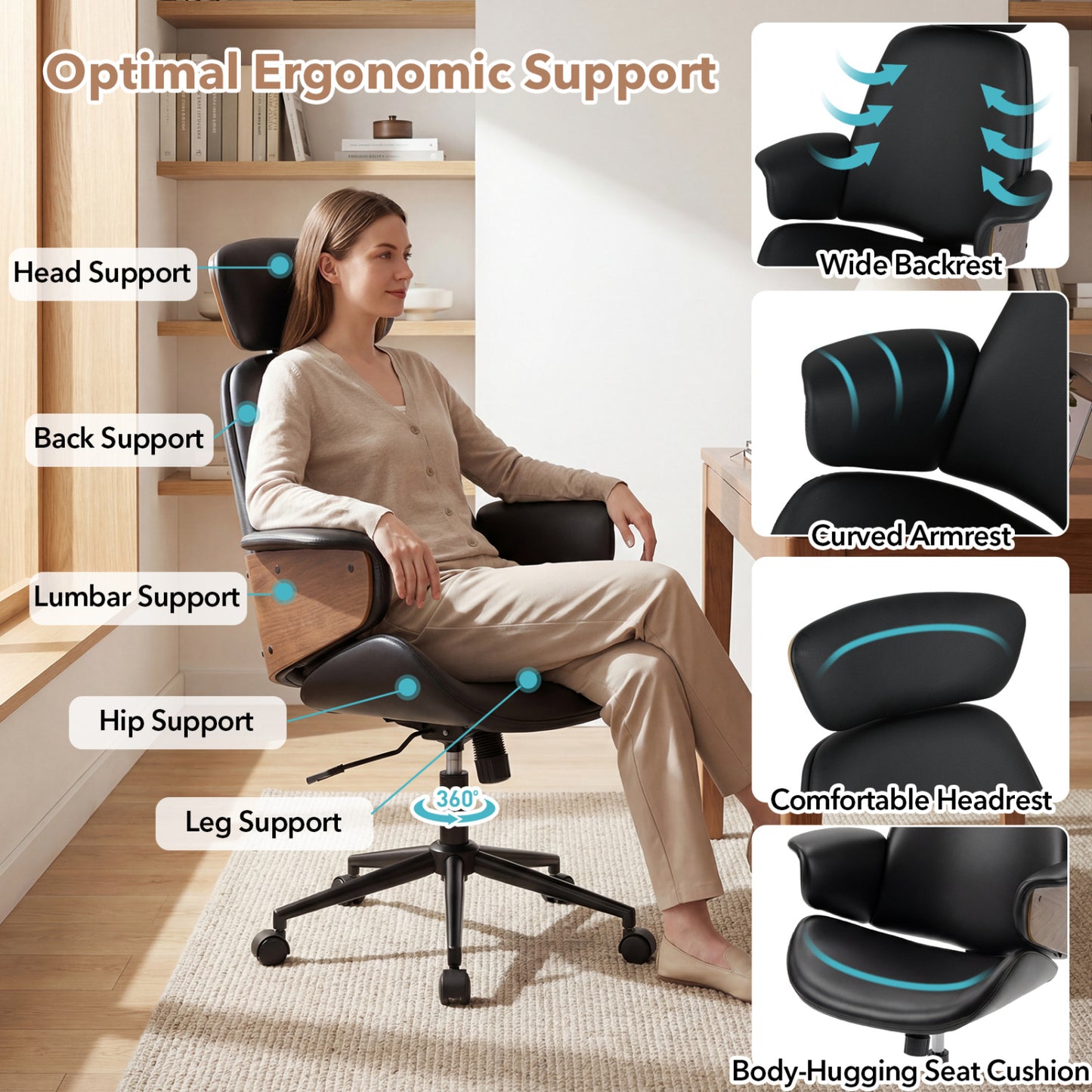 Ergonomic Office Chair with Headrest Adjustable Height for Home Office and Study