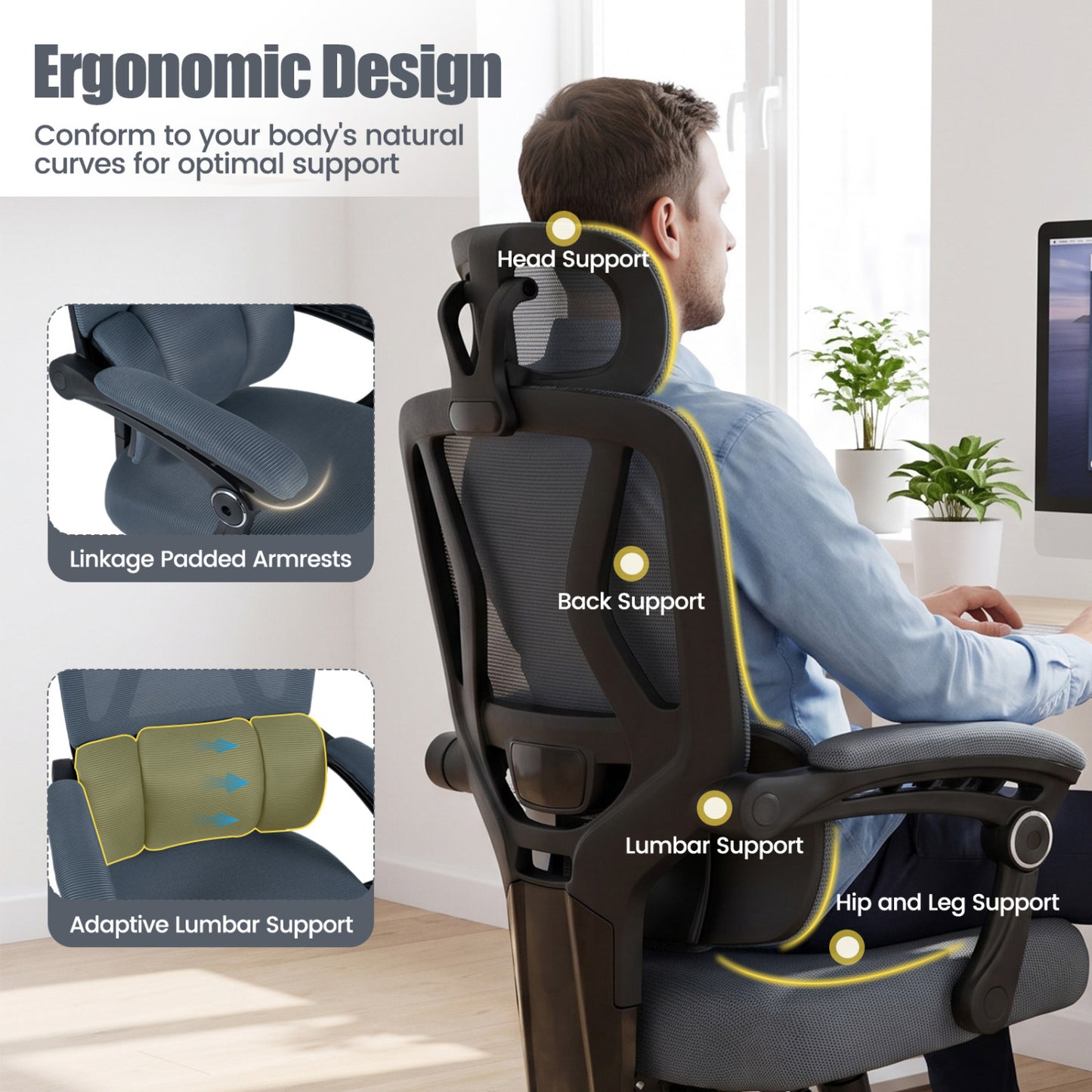 Ergonomic Mesh Office Chair with Lumbar Support & Headrest