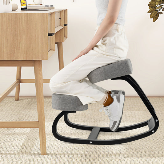 Wooden Ergonomic Backless Rocking Kneeling Chair with Padded Cushion-Gray