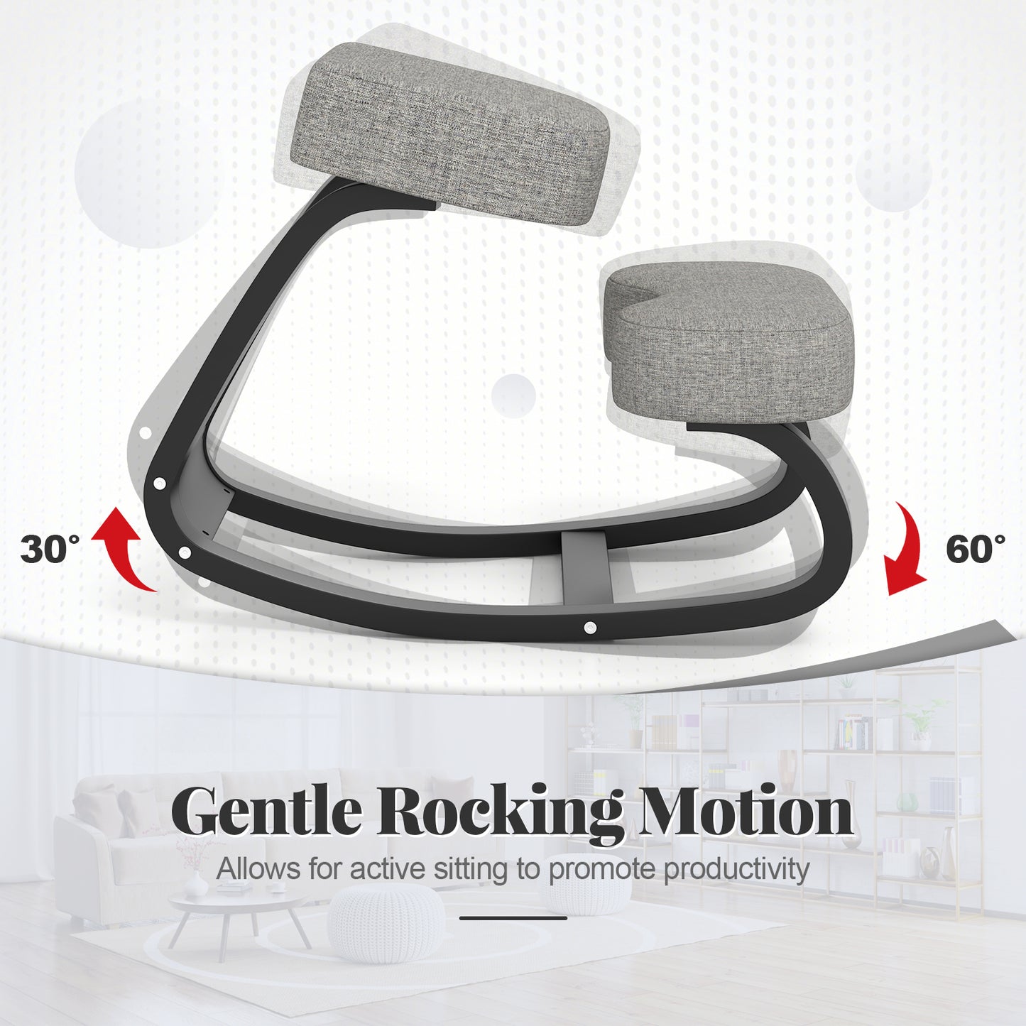 Wooden Ergonomic Backless Rocking Kneeling Chair with Padded Cushion-Gray
