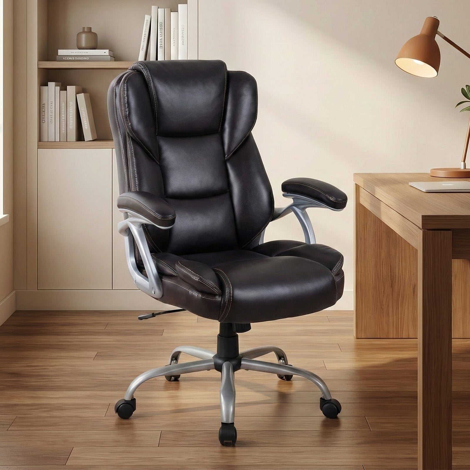 Executive Office Chair Leather Ergonomic Computer Desk Chair with Padded Seat and Armrests-Brown
