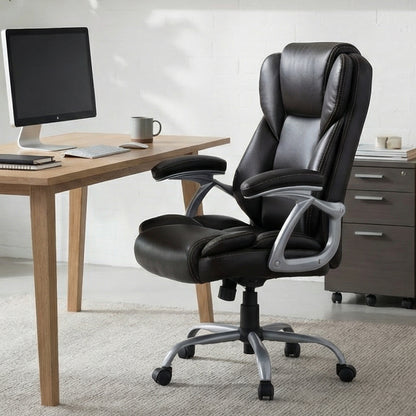 Executive Office Chair Leather Ergonomic Computer Desk Chair with Padded Seat and Armrests-Brown