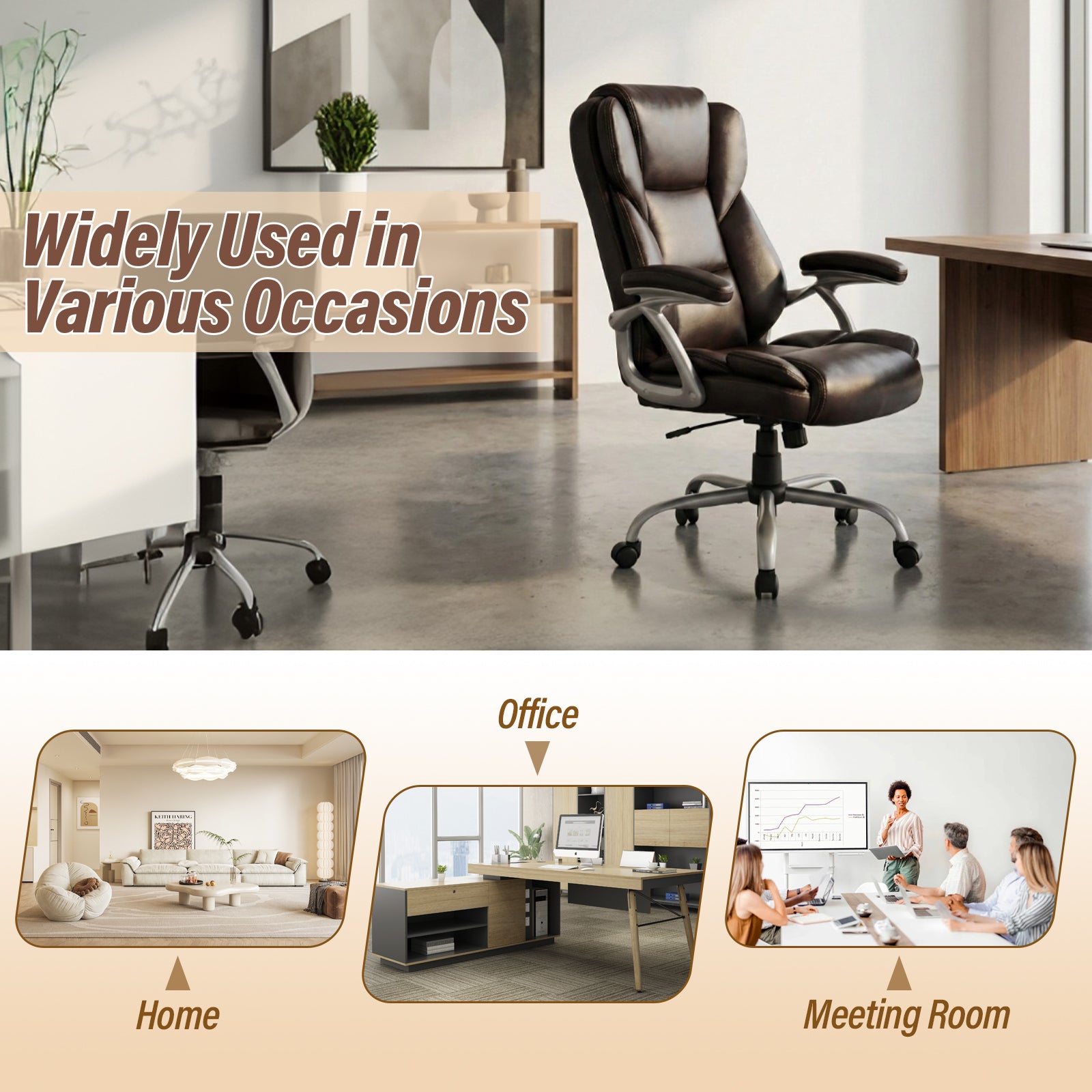 Executive Office Chair Leather Ergonomic Computer Desk Chair with Padded Seat and Armrests-Brown