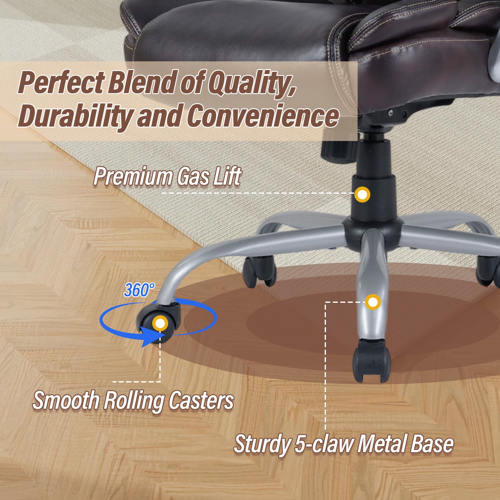 Executive Office Chair Leather Ergonomic Computer Desk Chair with Padded Seat and Armrests-Brown