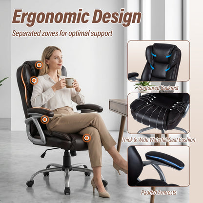 Executive Office Chair Leather Ergonomic Computer Desk Chair with Padded Seat and Armrests-Brown