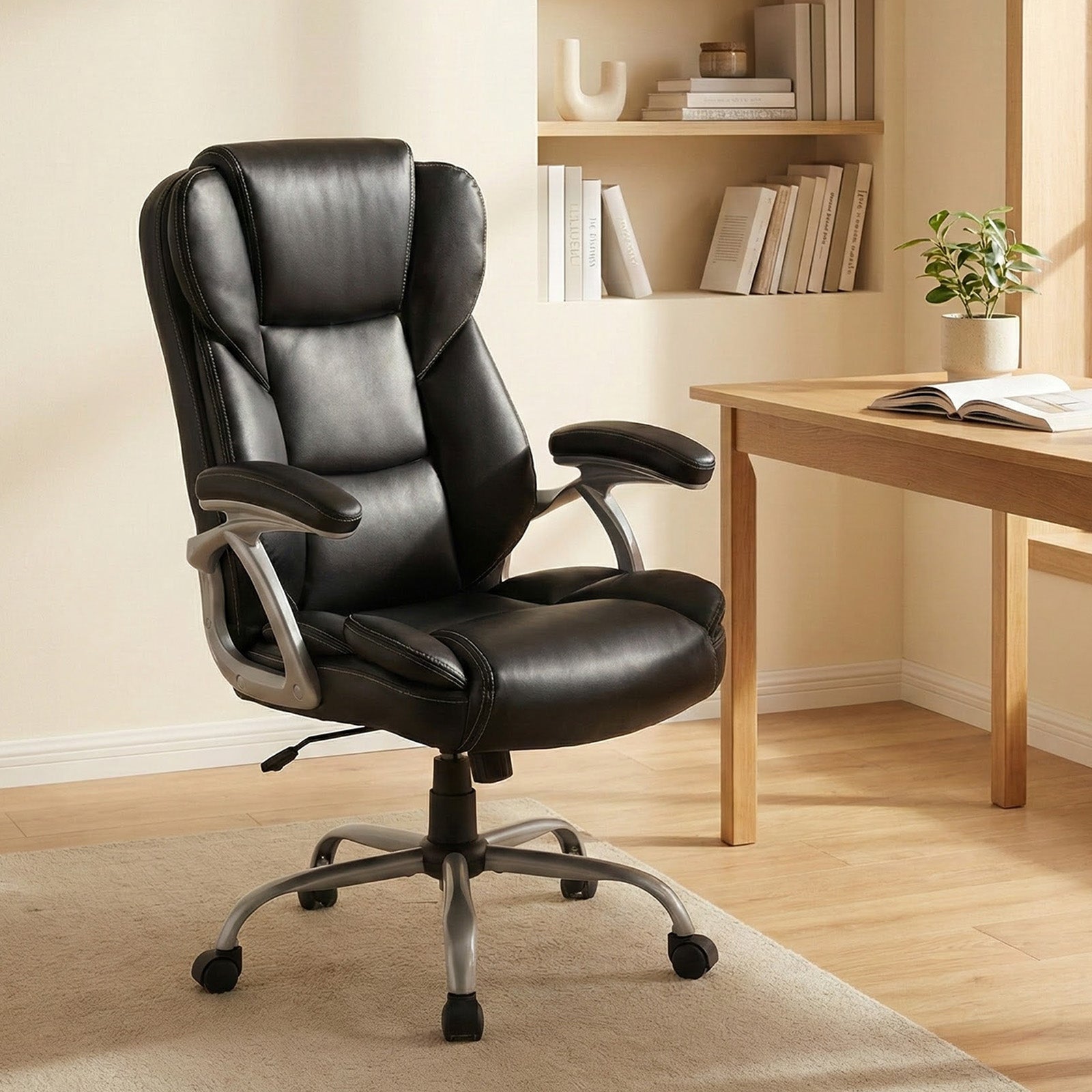 Executive Office Chair Leather Ergonomic Computer Desk Chair with Padded Seat and Armrests-Black