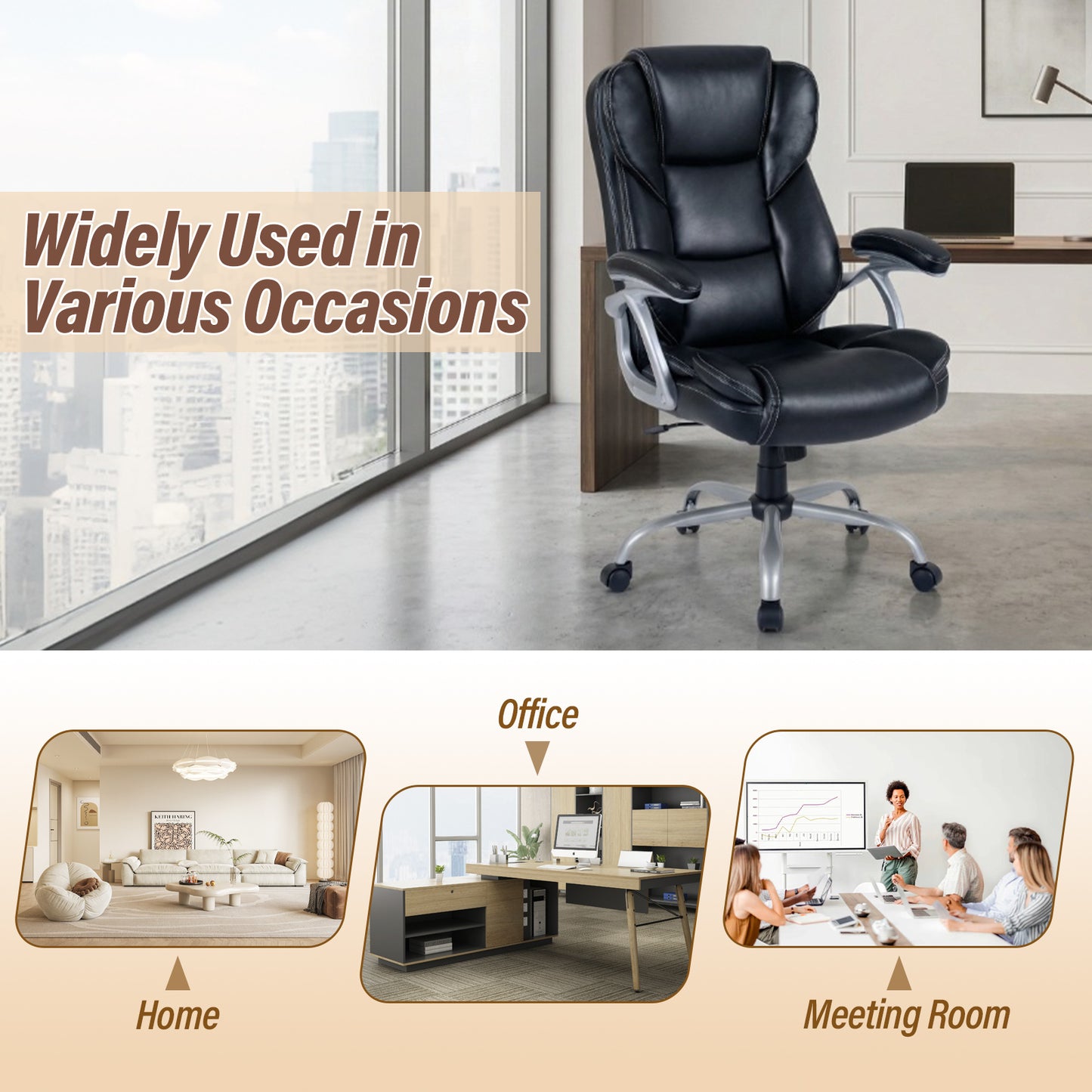 Executive Office Chair Leather Ergonomic Computer Desk Chair with Padded Seat and Armrests-Black