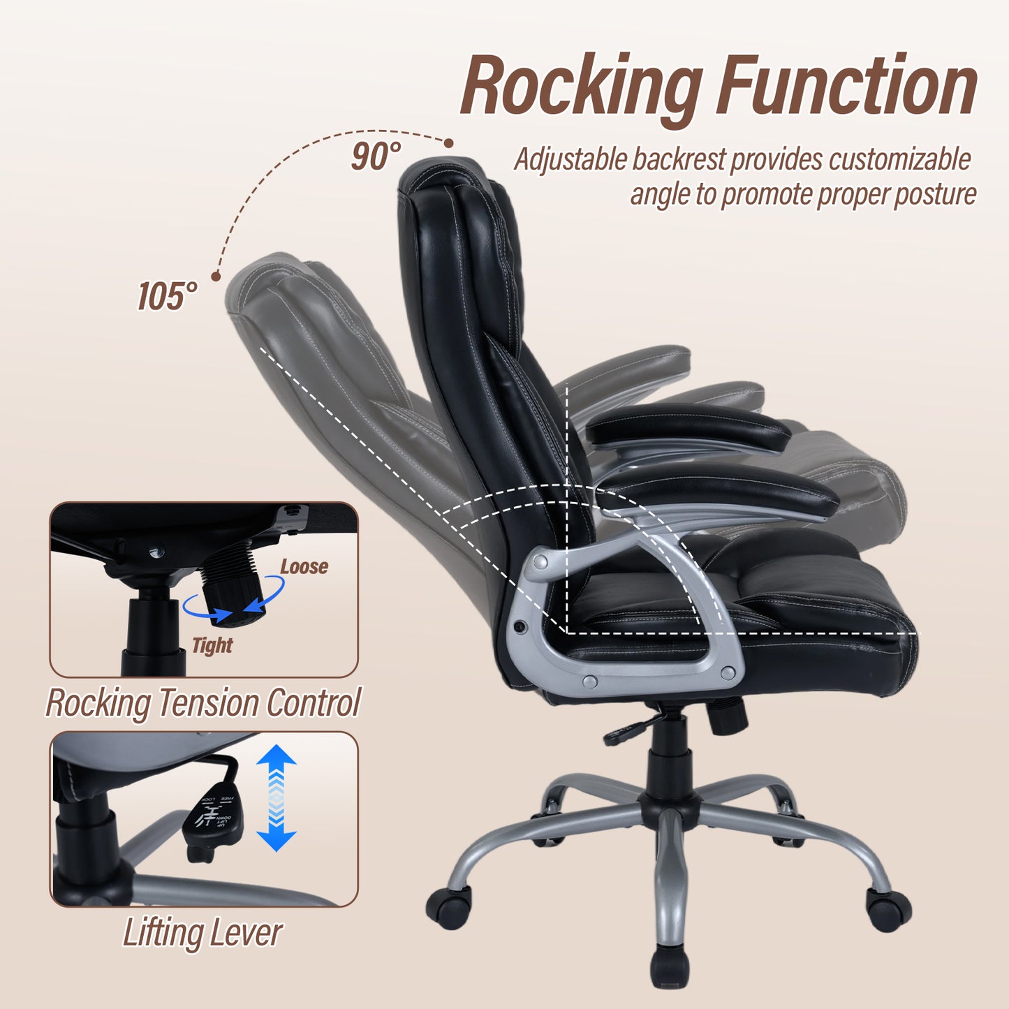 Executive Office Chair Leather Ergonomic Computer Desk Chair with Padded Seat and Armrests-Black