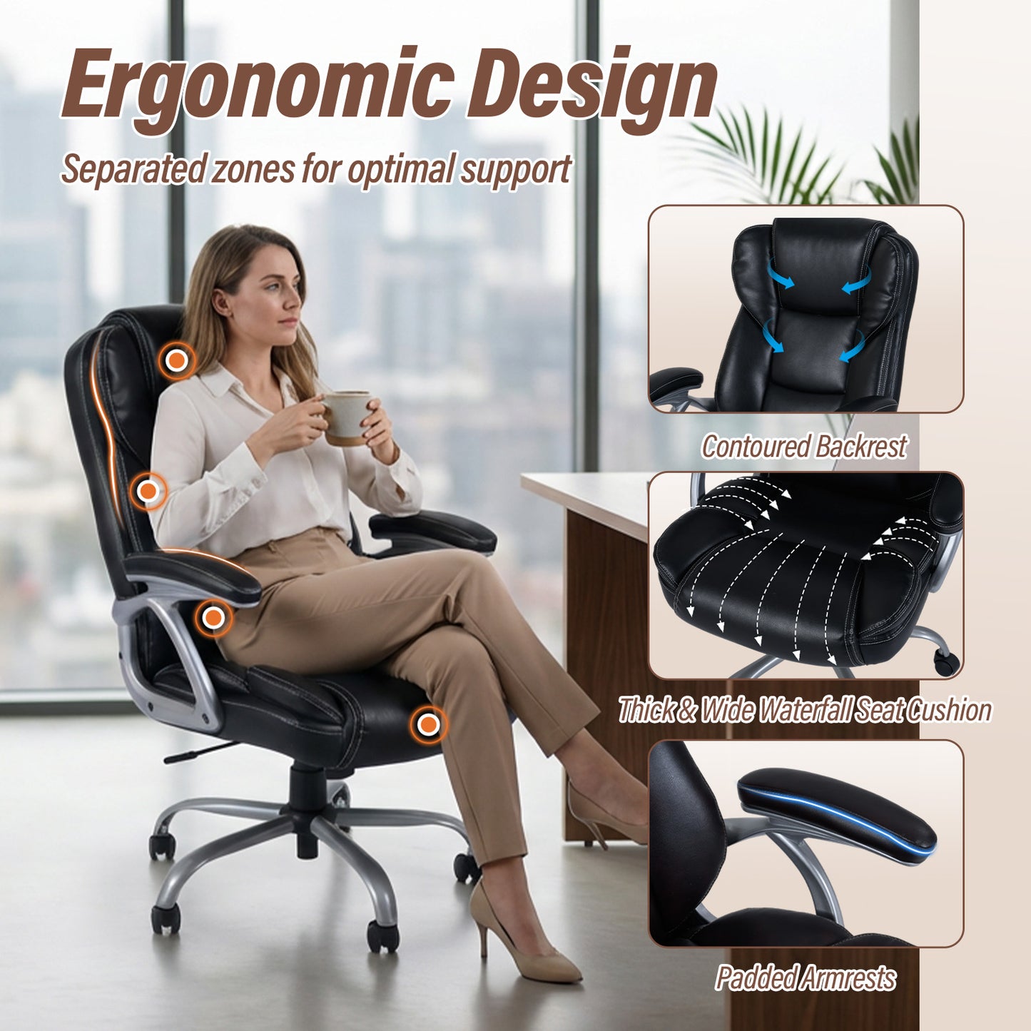 Executive Office Chair Leather Ergonomic Computer Desk Chair with Padded Seat and Armrests-Black