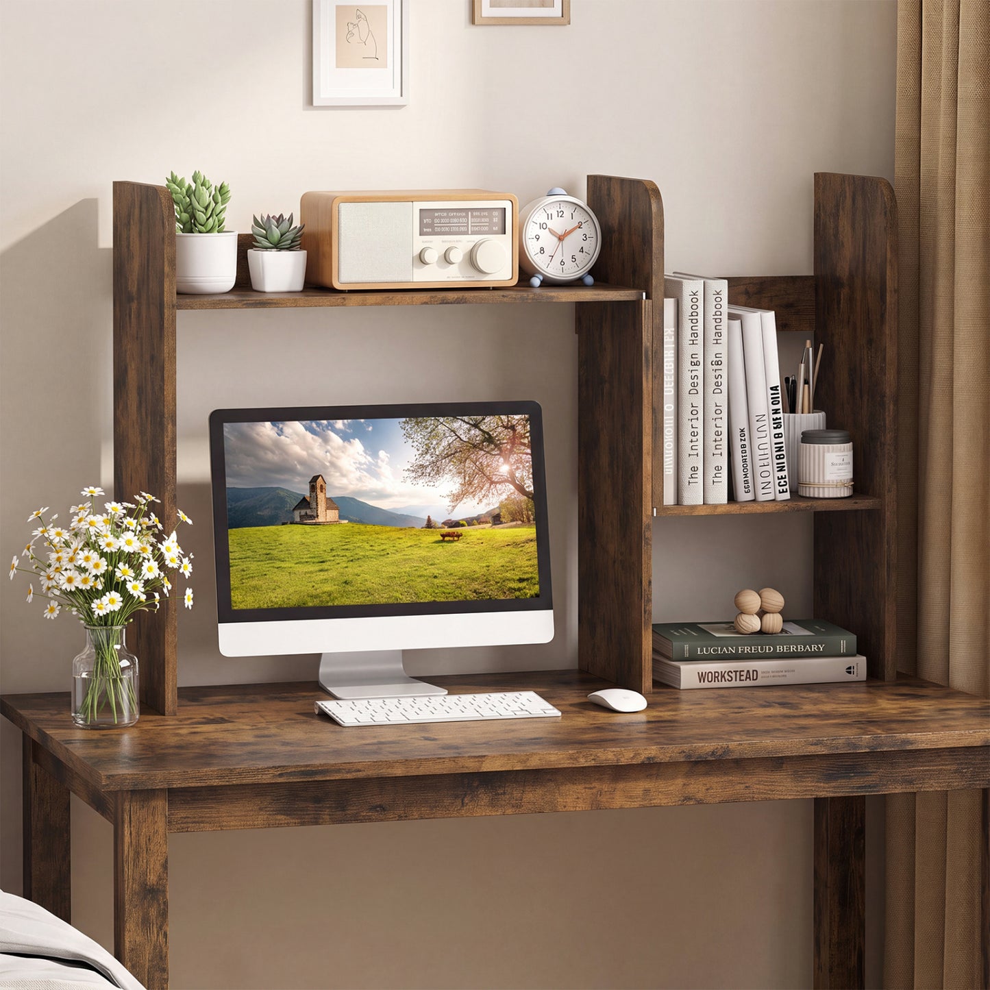 Expandable Desktop Bookshelf with Open Storage Cubes