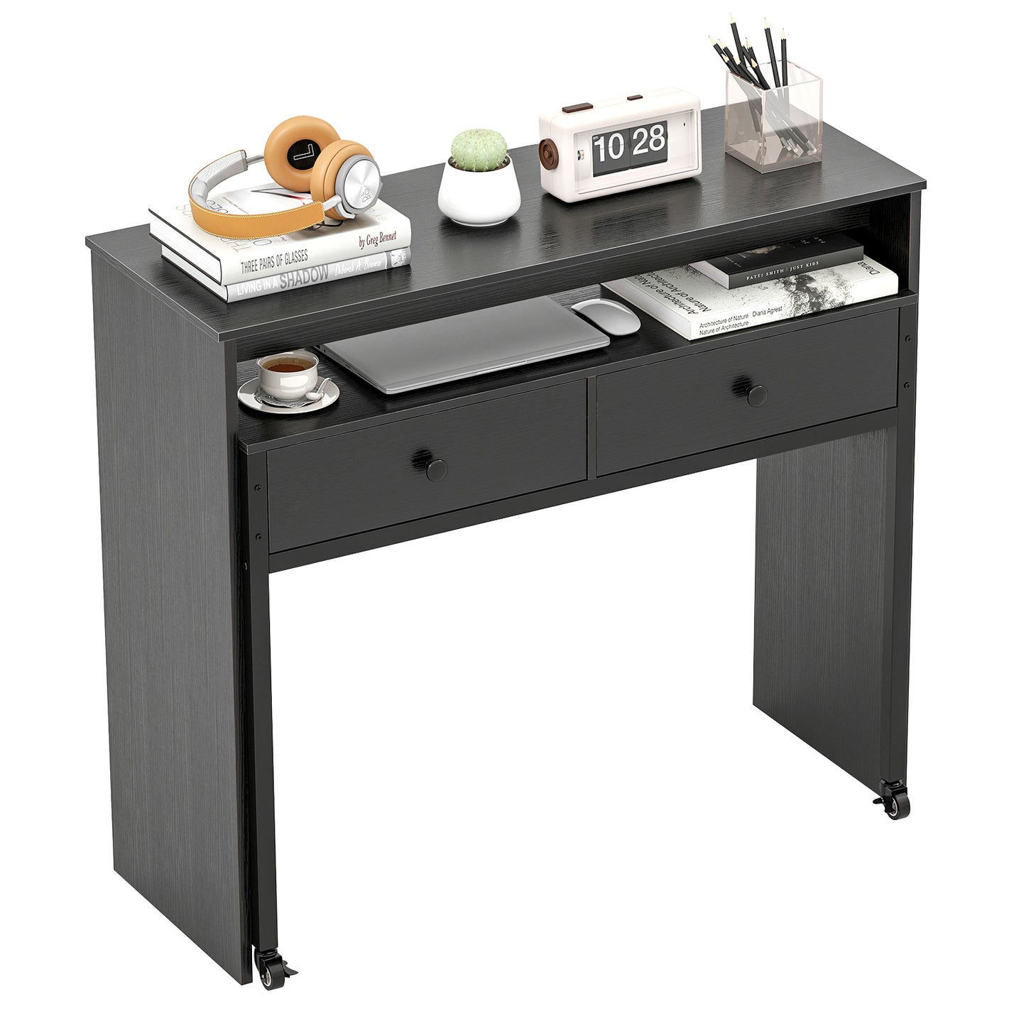 Extendable Computer Desk with 2 Storage Drawers Convertible Home Office Rolling Study Writing Desk-Black - Black