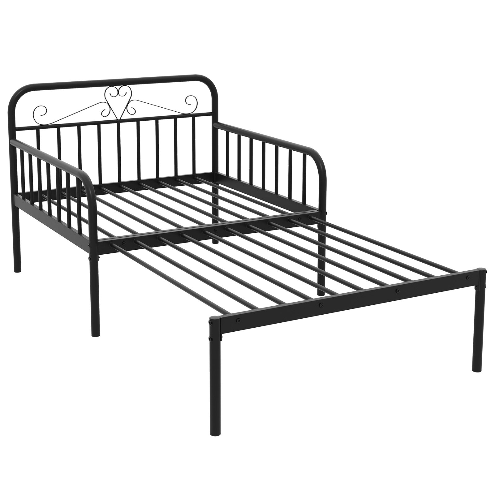 Extendable Metal Daybed to Twin Size Bed with Guardrails and Armrests-Black - Black