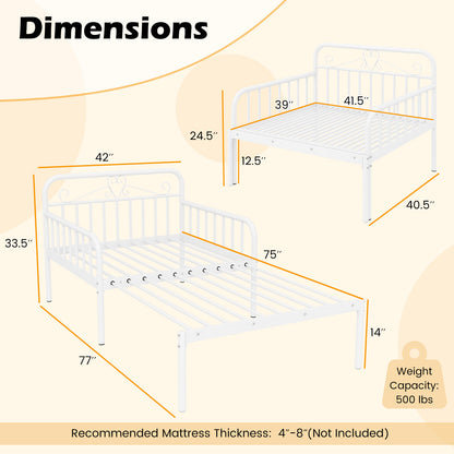 Extendable Metal Daybed to Twin Size Bed with Guardrails and Armrests