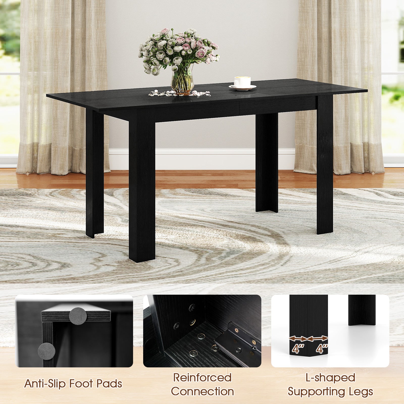Extendable Dining Table for 4-8 People 47"-62" Large Rectangular Kitchen Table-Black