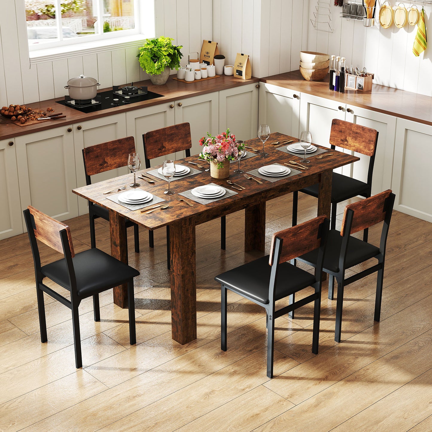 Extendable Dining Table for 4-8 People 47"-62" Large Rectangular Kitchen Table-Rustic Brown