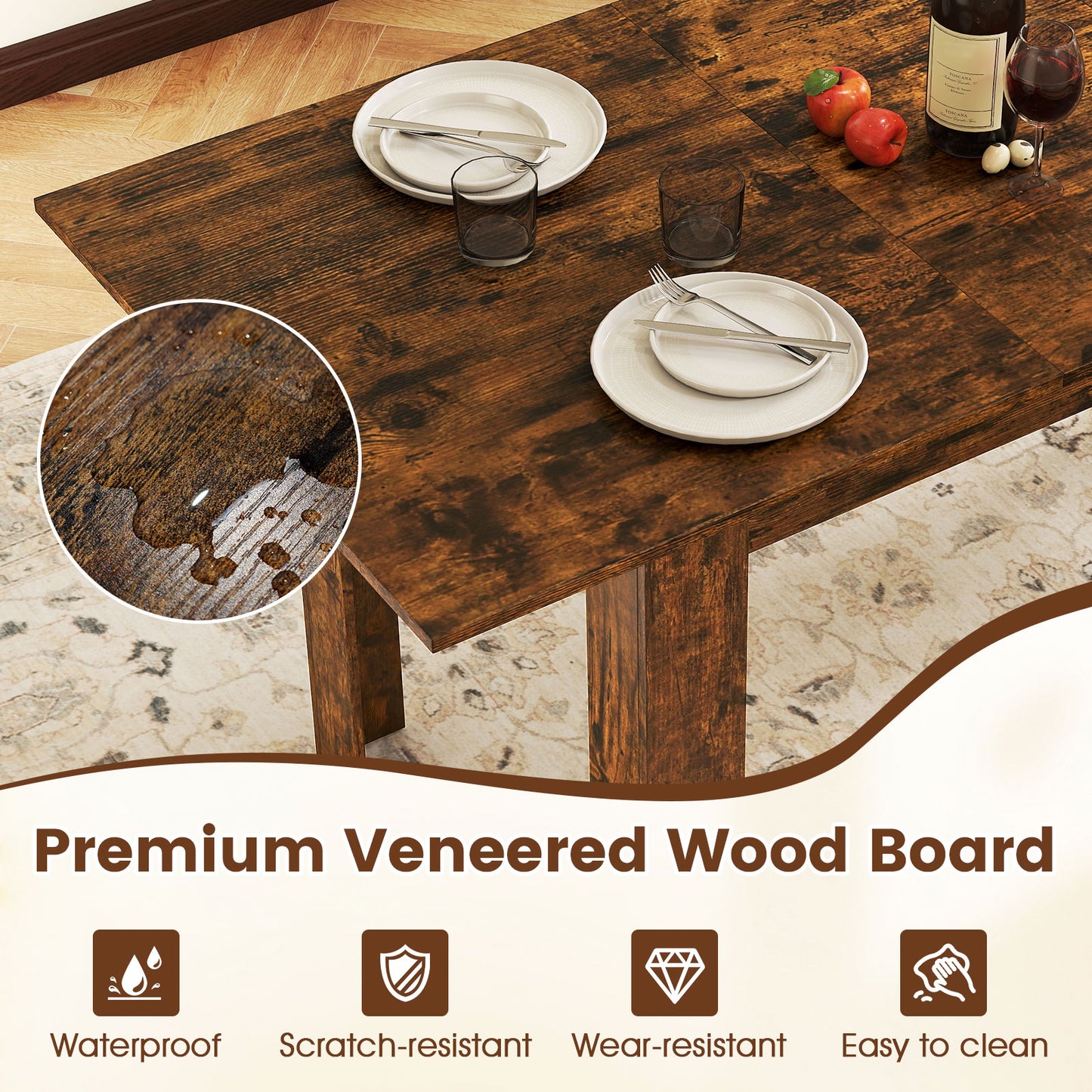 Extendable Dining Table for 4-8 People 47"-62" Large Rectangular Kitchen Table-Rustic Brown
