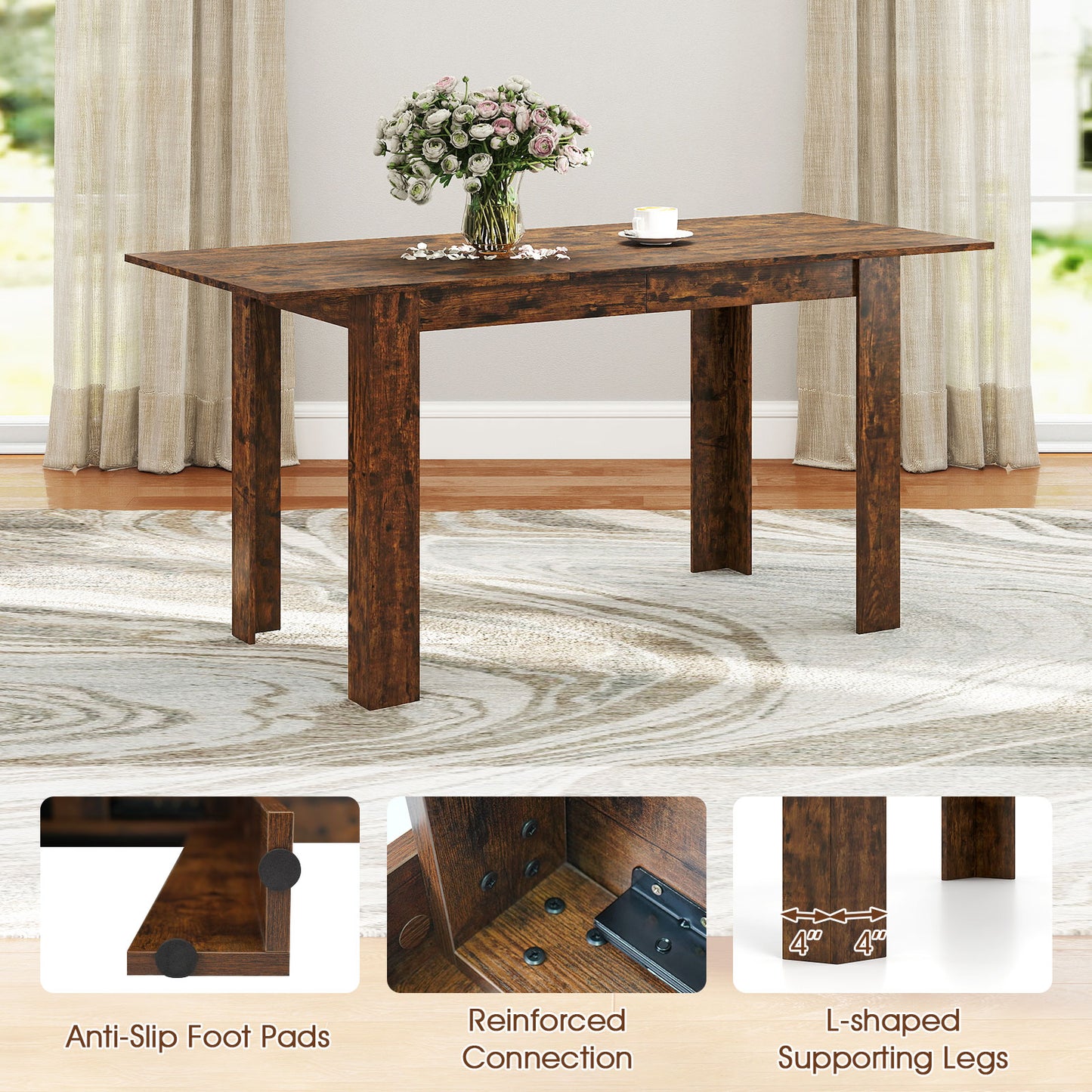 Extendable Dining Table for 4-8 People 47"-62" Large Rectangular Kitchen Table-Rustic Brown