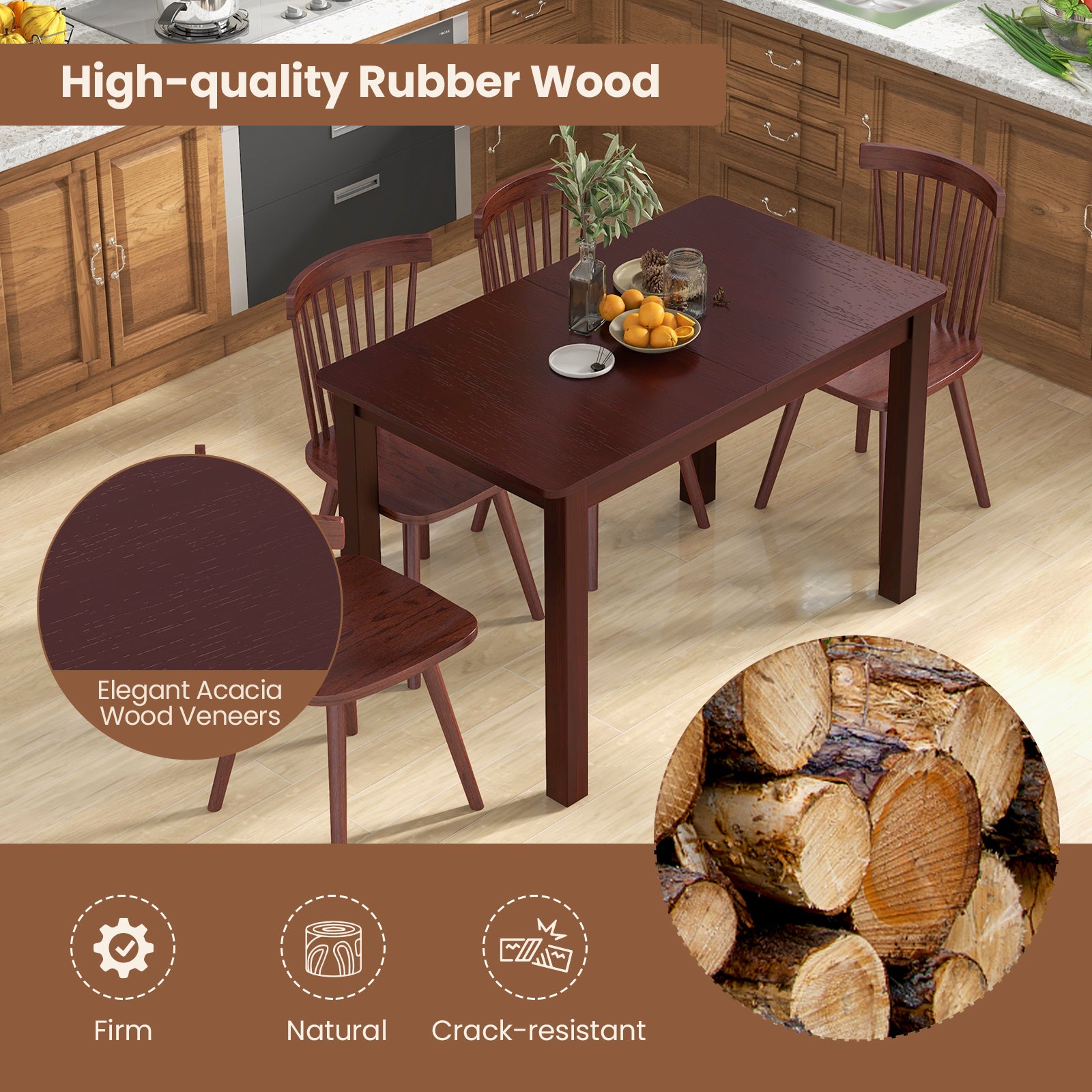 Extendable Folding Dining Table with Rubber Wood Frame and Safety Locks