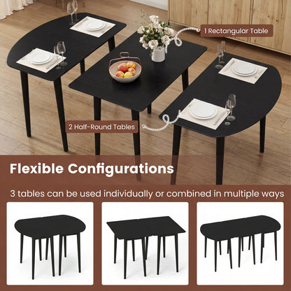 Extendable Oval Dining Table Set with 2 Half-Round Tables for 4-6 People-Black