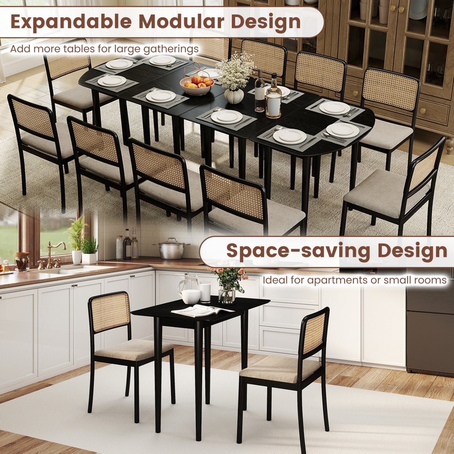 Extendable Oval Dining Table Set with 2 Half-Round Tables for 4-6 People-Black