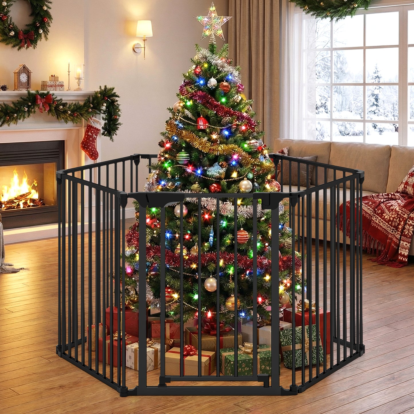 Extra Wide Baby Gate Fits 34.5-154" Openings 6-Panel Adjustable Pet Safety Fence-Black