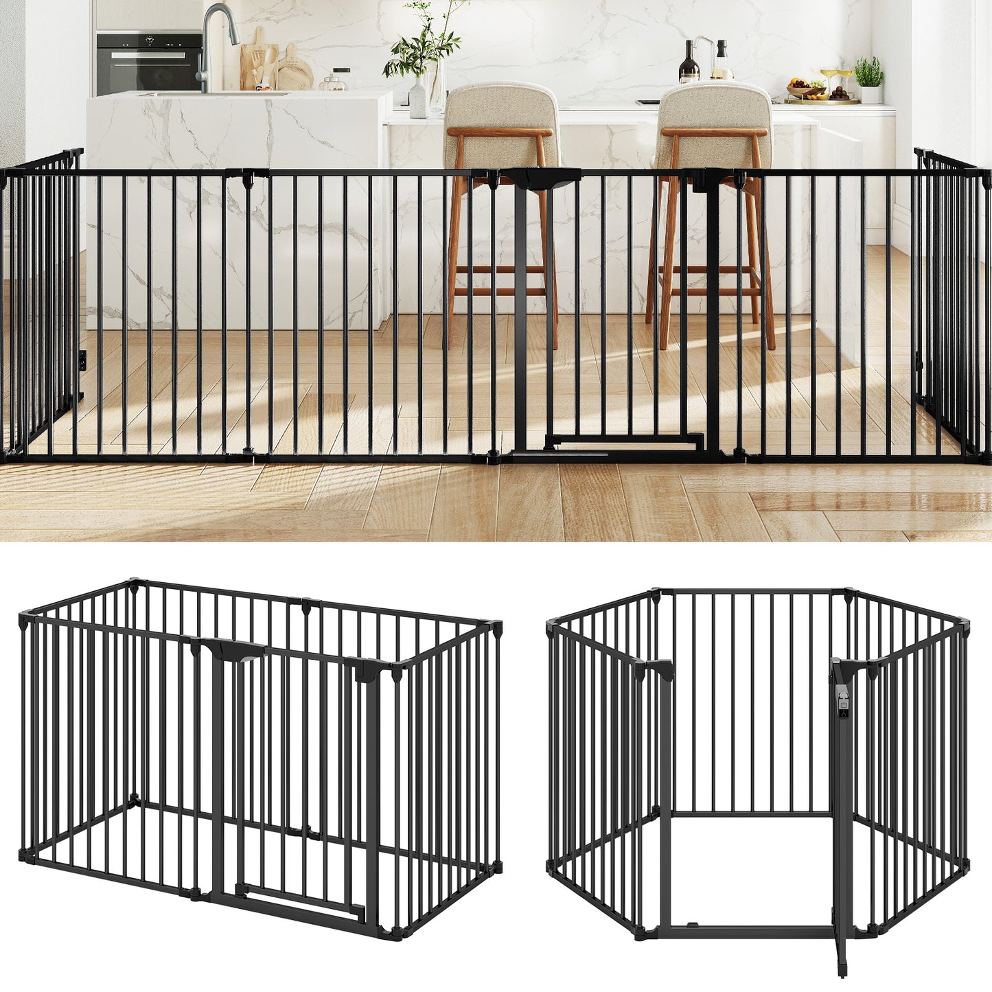 Extra Wide Baby Gate Fits 34.5-154" Openings 6-Panel Adjustable Pet Safety Fence-Black