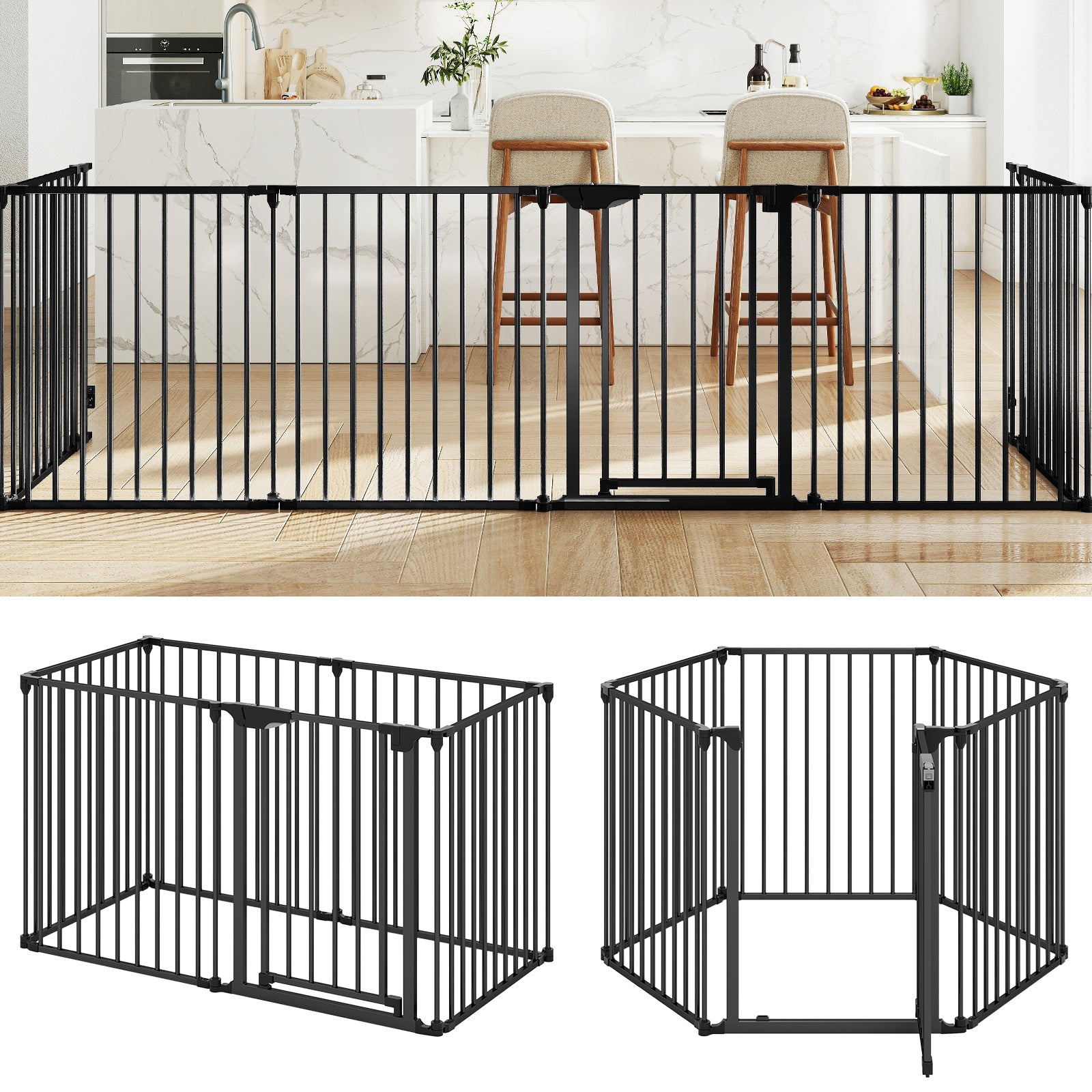 Extra Wide Baby Gate Fits 34.5-154" Openings 6-Panel Adjustable Pet Safety Fence-Black