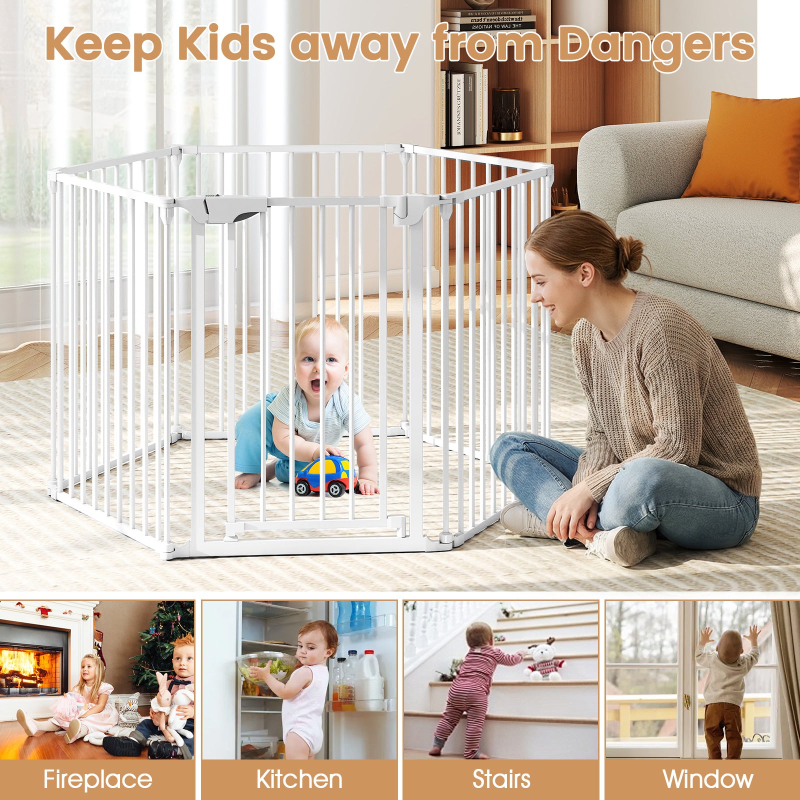 Extra Wide Baby Gate Fits 34.5-154" Openings 6-Panel Adjustable Pet Safety Fence-White