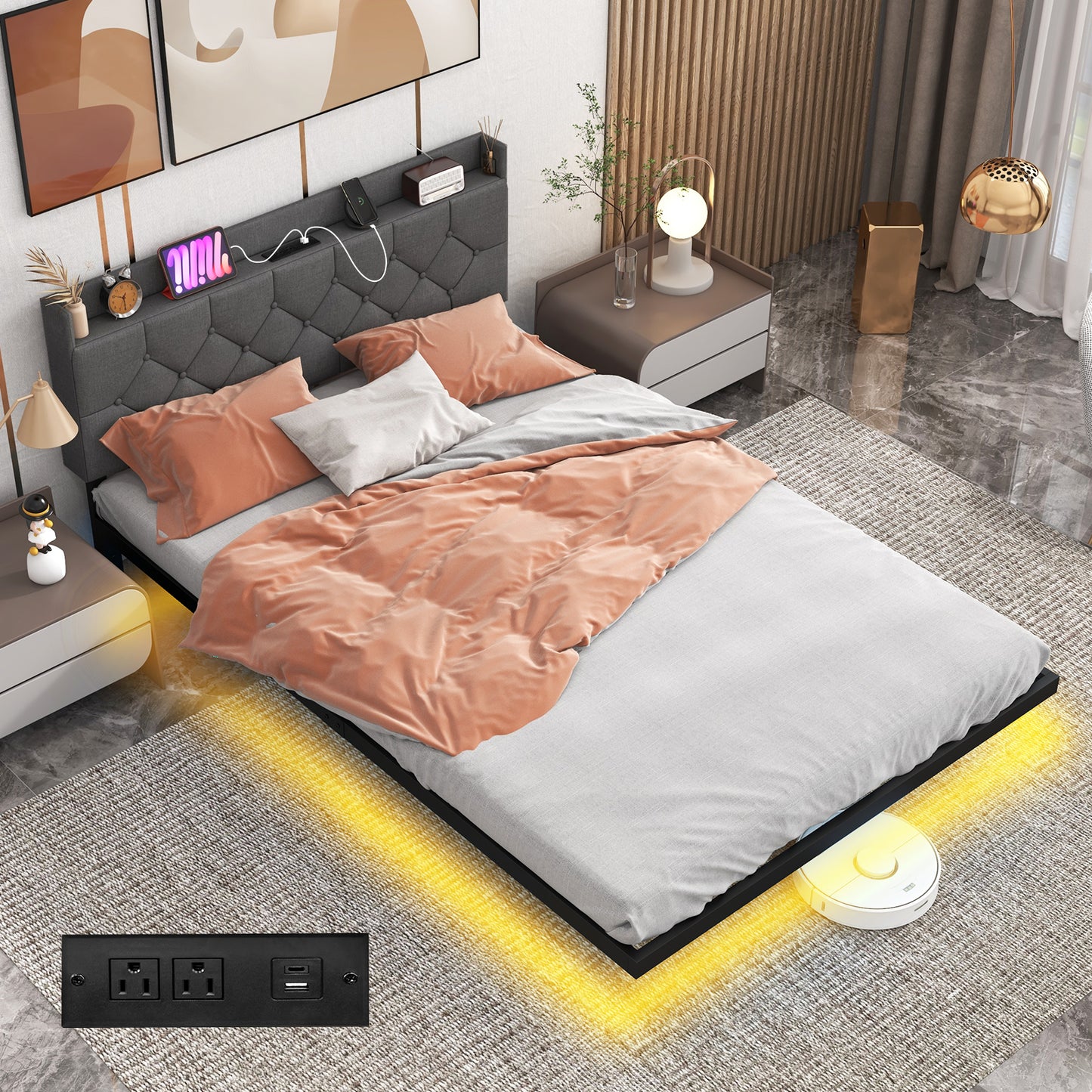 Full/Queen Size Floating Bed Frame with LED and Headboard and Charging Station-Full Size