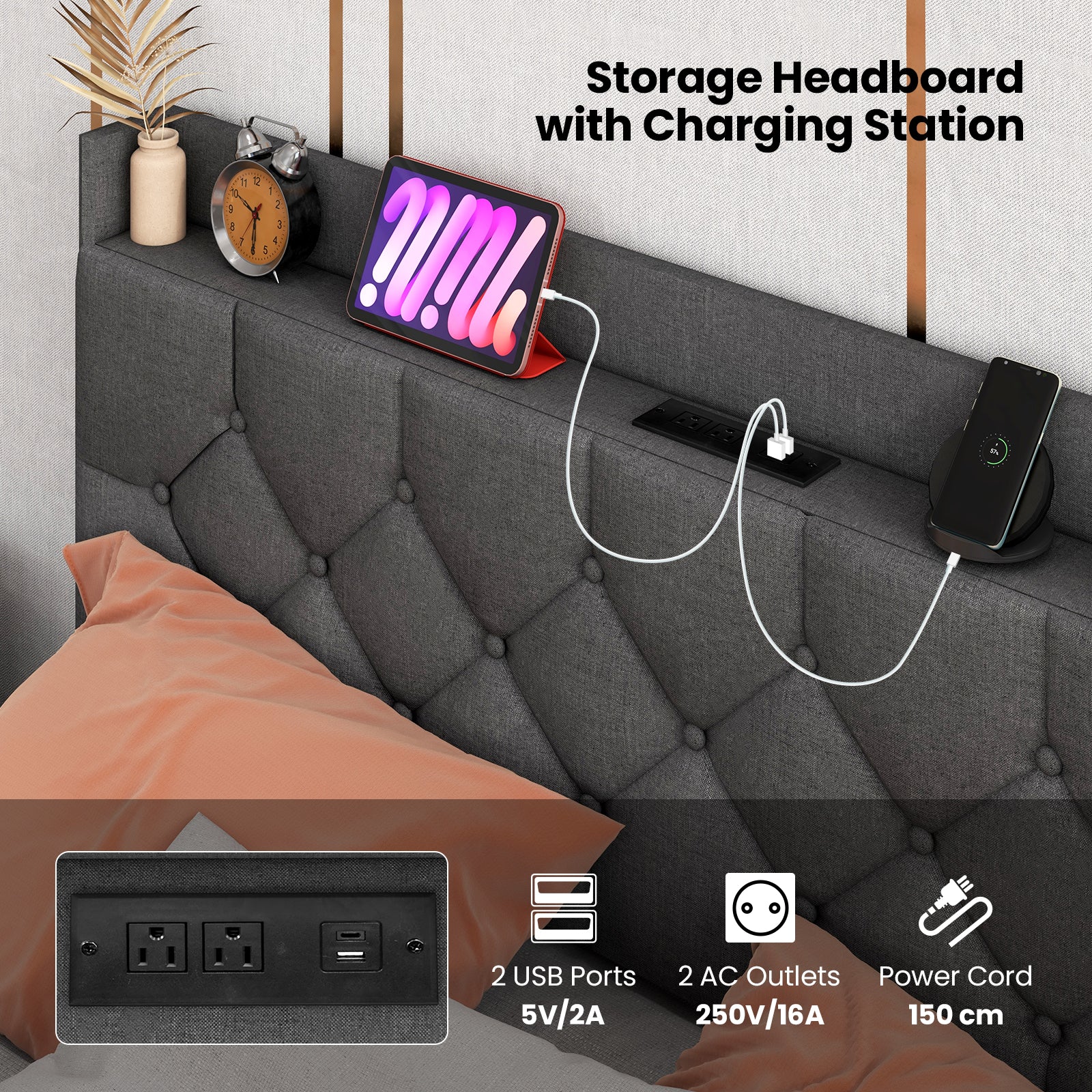 Full/Queen Size Floating Bed Frame with LED and Headboard and Charging Station-Full Size