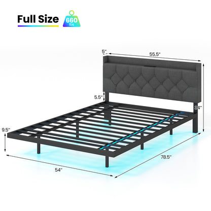 Full/Queen Size Floating Bed Frame with LED and Headboard and Charging Station-Full Size