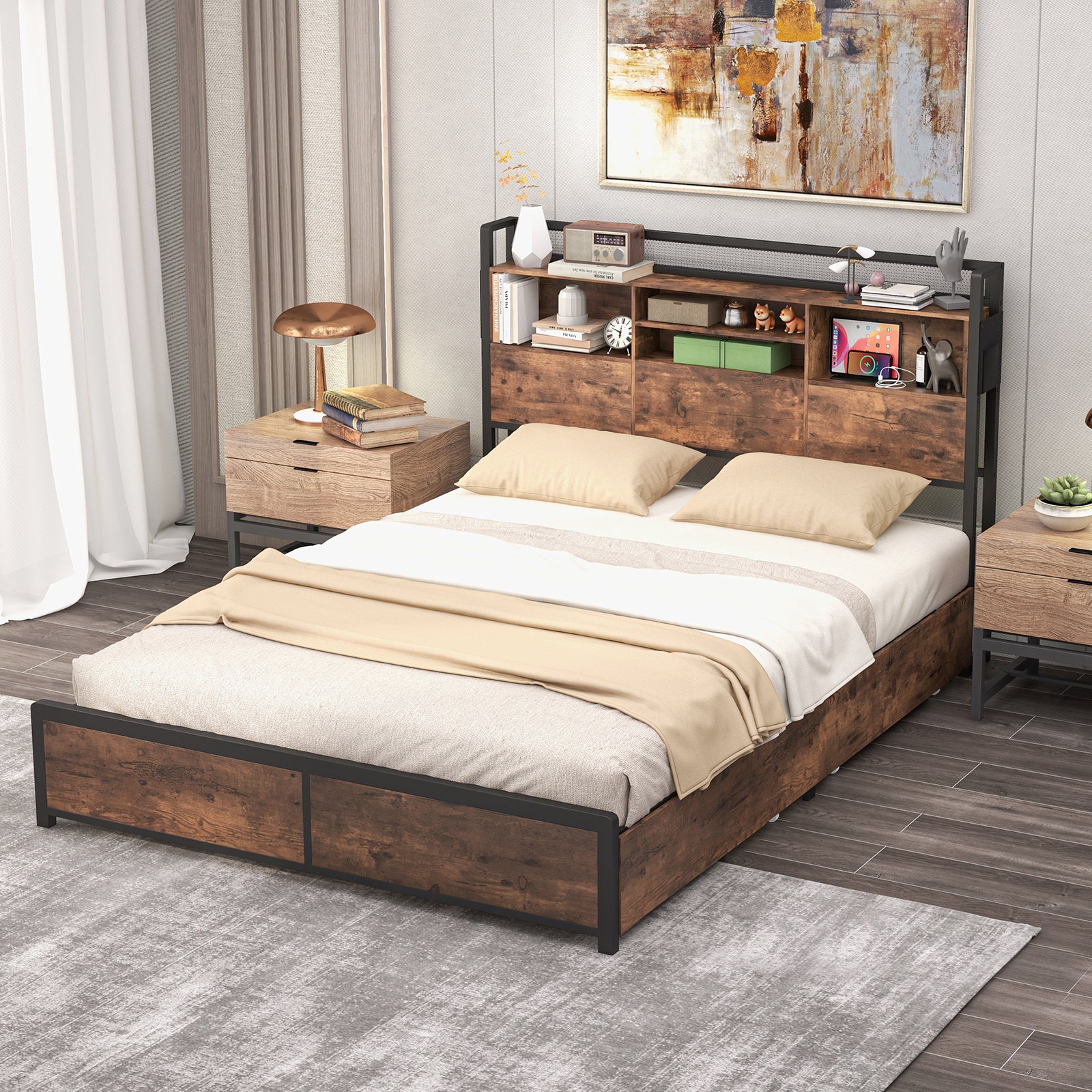 Full/Queen Size Bed Frame with Bookcase Headboard and 4 Storage Drawers-Full Size