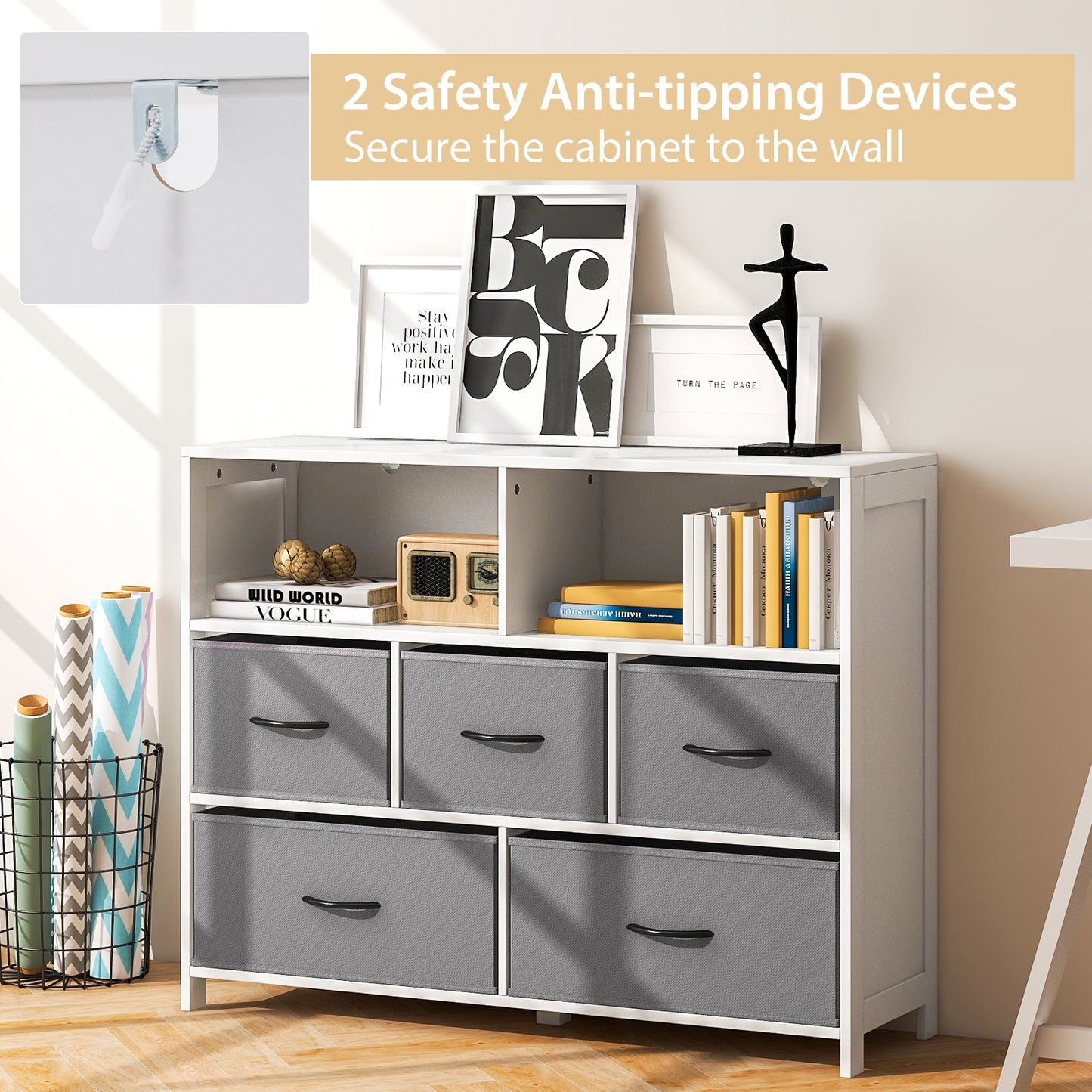 Fabric Dresser with 5 Drawers for Bedroom-White