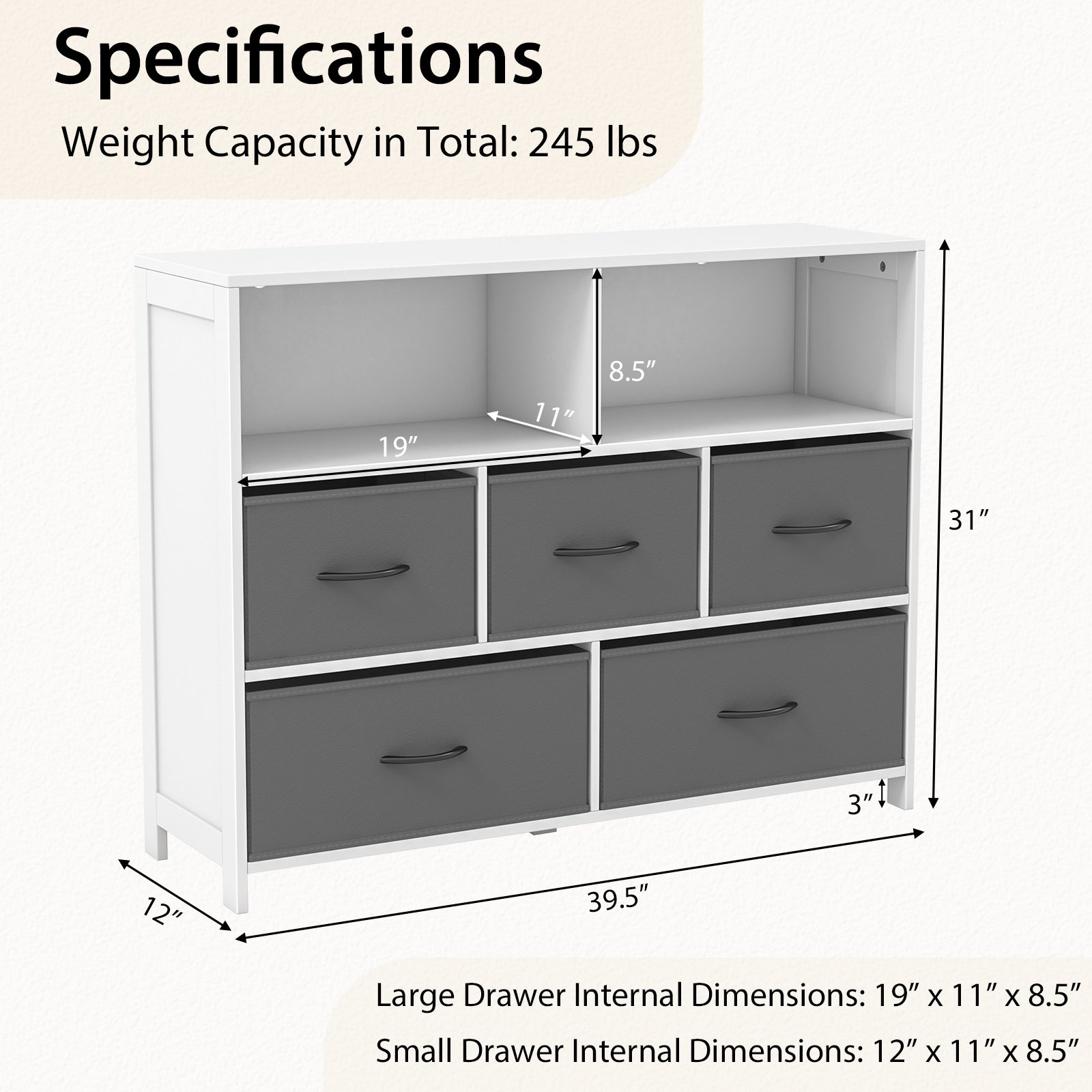 Fabric Dresser with 5 Drawers for Bedroom-White