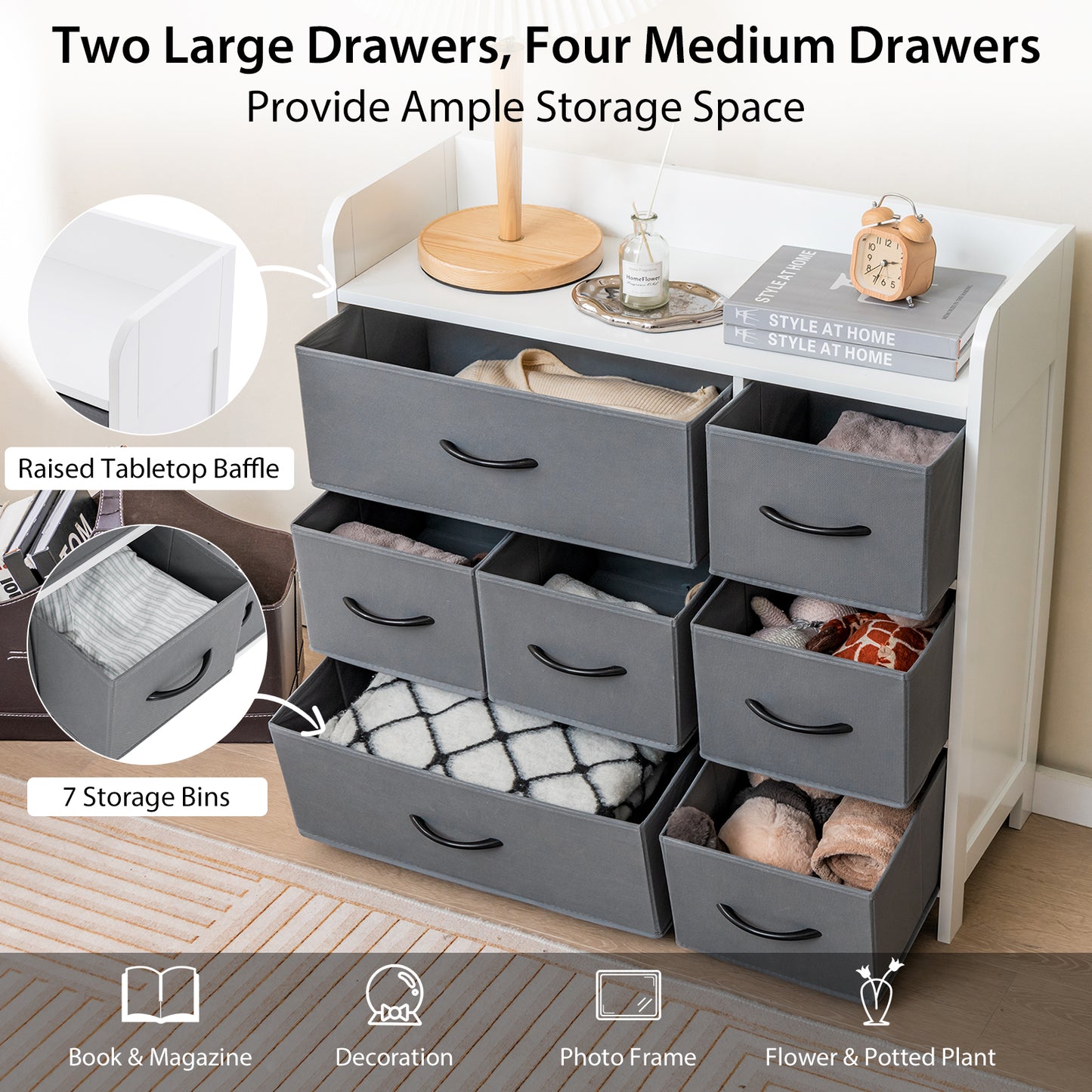 Fabric Dresser with 7 Drawers for Bedroom-White
