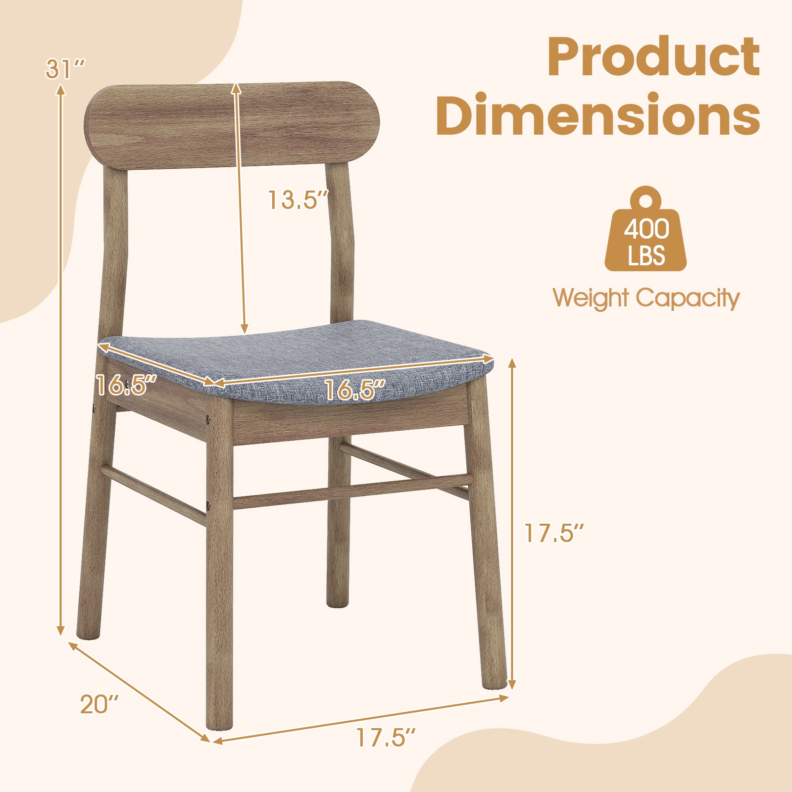Fabric Upholstered Kitchen Armless Dining Chairs with Rubber Wood Frame Set of 4-Oak