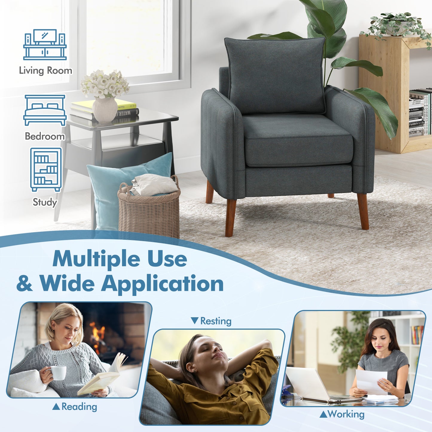 Fabric Upholstered Sofa Chair with Removable Back and Seat Cushions-Gray