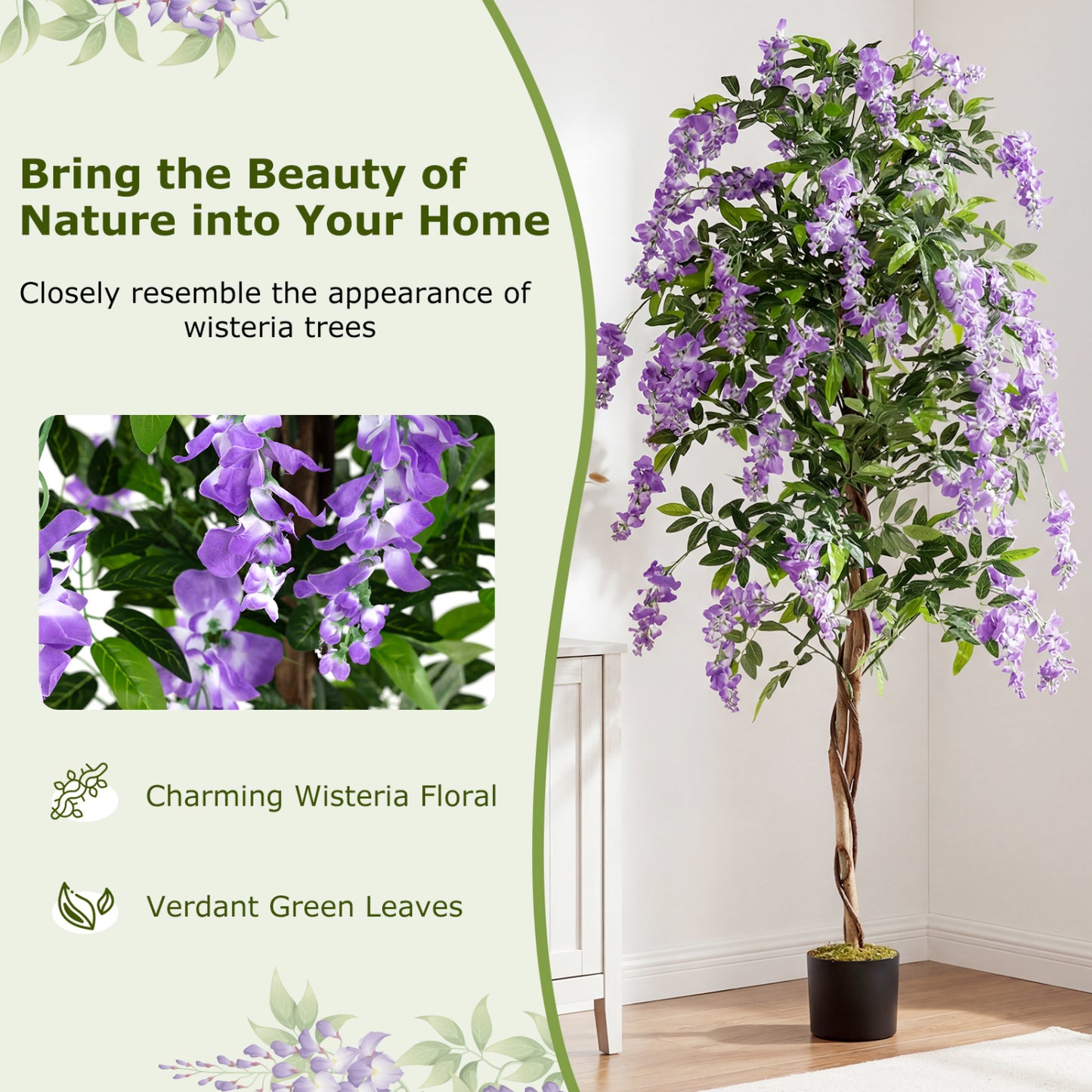 Fake Ficus Plant 6 FT Artificial Wisteria Tree with Natural Trunks and Purple Lifelike Flowers