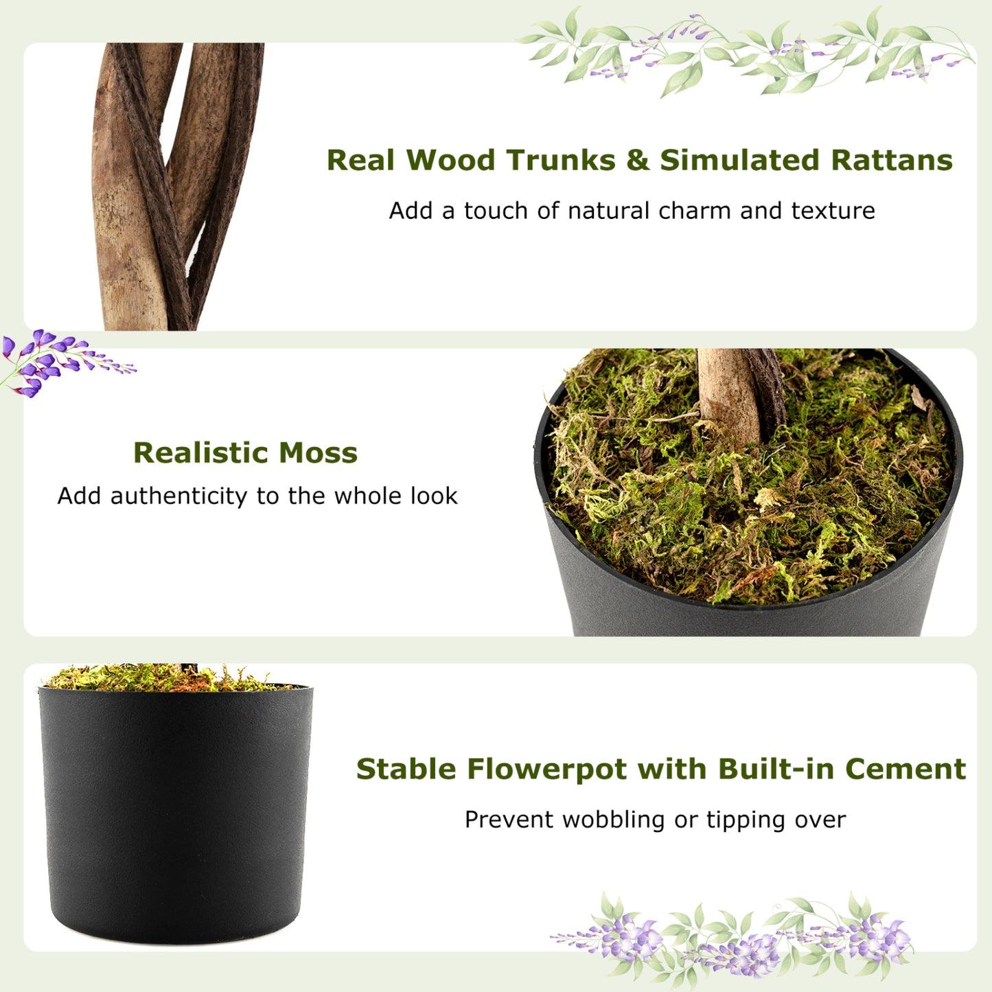 Fake Ficus Plant 6 FT Artificial Wisteria Tree with Natural Trunks and Purple Lifelike Flowers