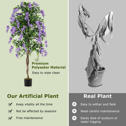Fake Ficus Plant 6 FT Artificial Wisteria Tree with Natural Trunks and Purple Lifelike Flowers
