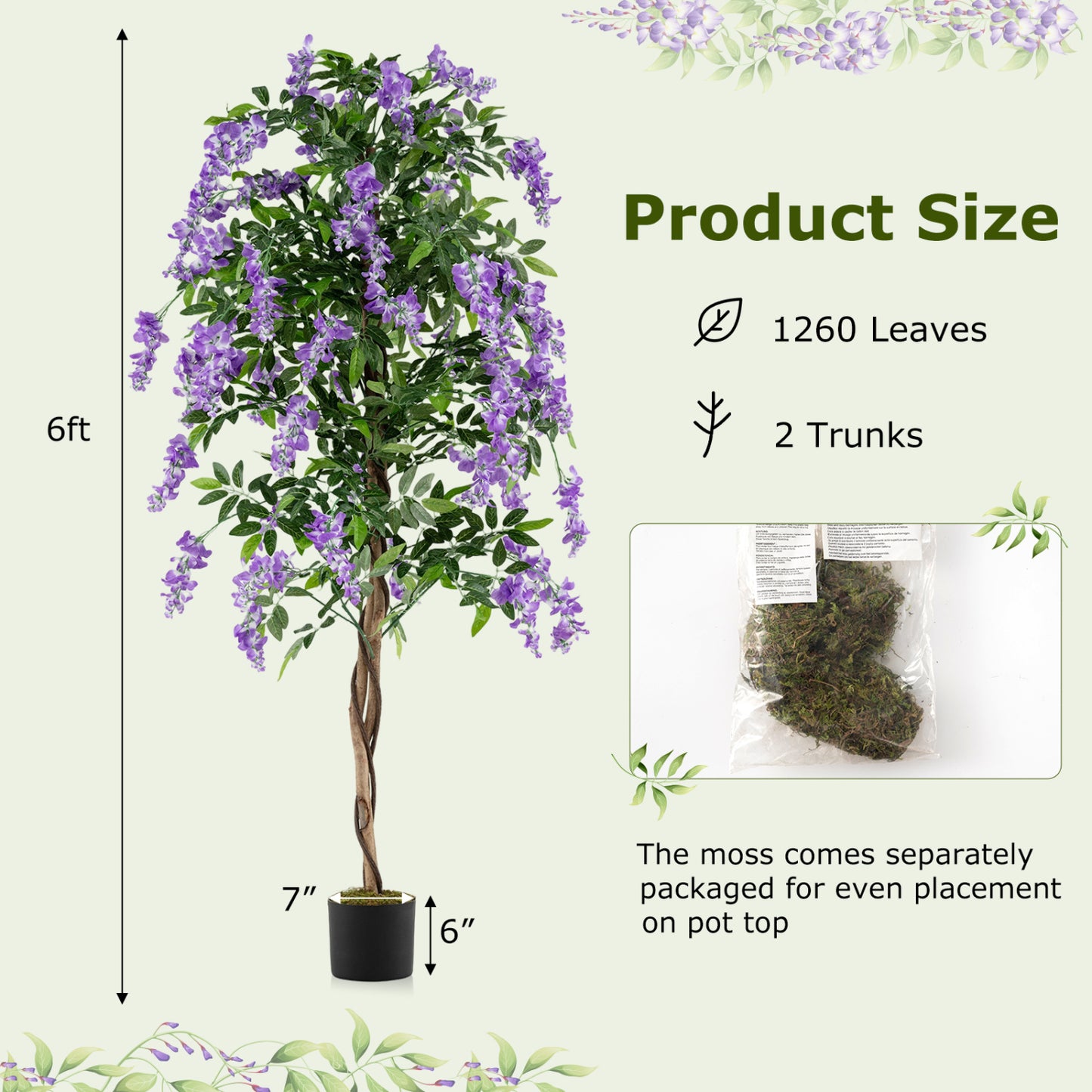 Fake Ficus Plant 6 FT Artificial Wisteria Tree with Natural Trunks and Purple Lifelike Flowers