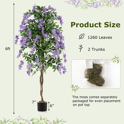Fake Ficus Plant 6 FT Artificial Wisteria Tree with Natural Trunks and Purple Lifelike Flowers