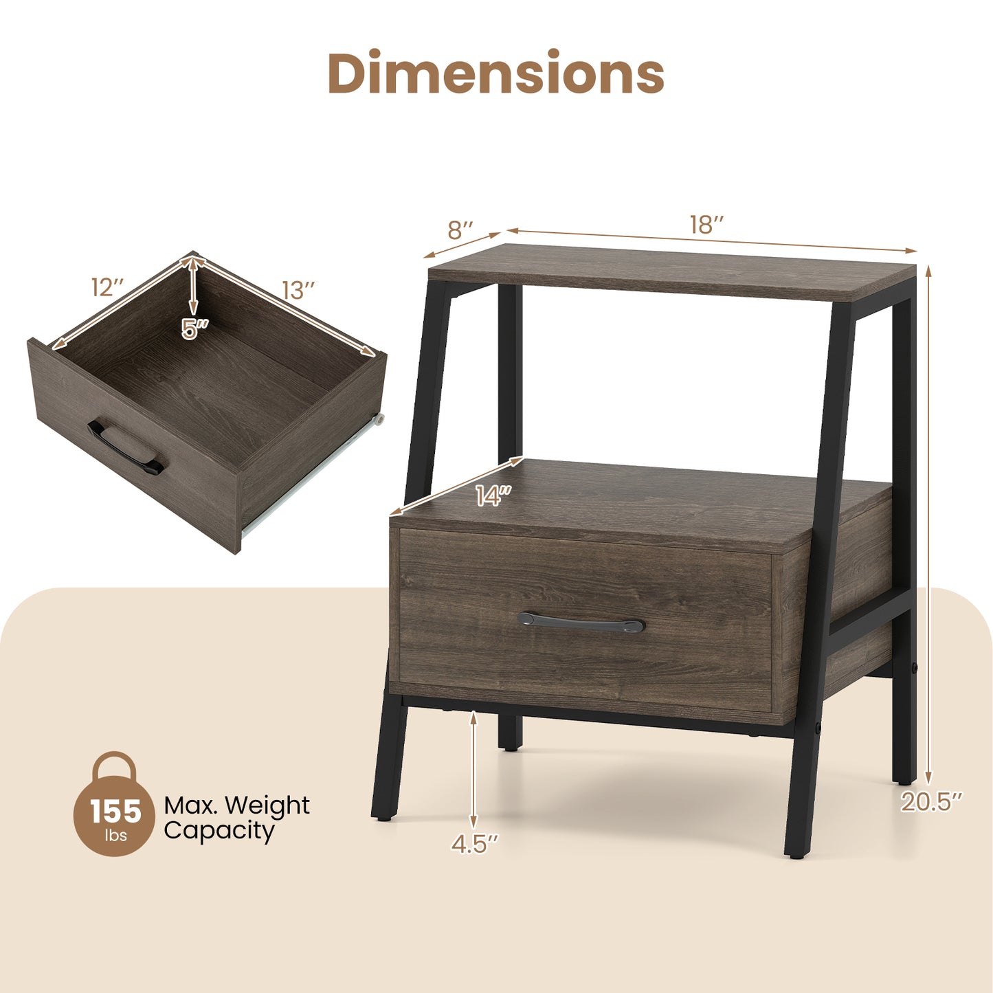 3-Tier Farmhouse Nightstand with Open Shelf