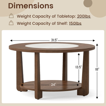 Farmhouse Accent Round Coffee Table with 2-Tone Tabletop and Open Storage Shelf for Living Room-Brown
