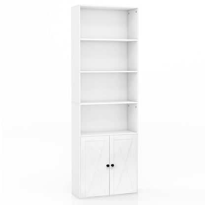 71 Inch Freestanding Bookshelf with 6 Shelves and 2-Door Cabinet-White - White