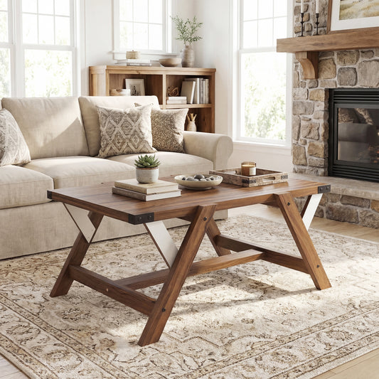 Farmhouse Center Table with Decorative Nailhead Accents for Living Room