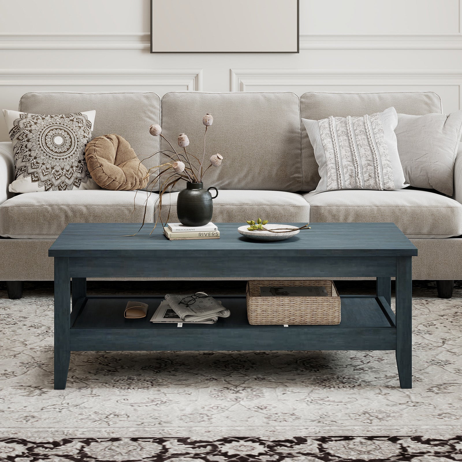 Farmhouse Coffee Table Rustic Cocktail Center Table with Thickened Tabletop-Blue