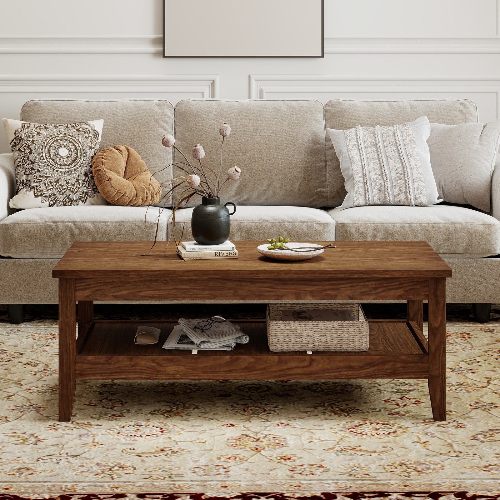 Farmhouse Coffee Table Rustic Cocktail Center Table with Thickened Tabletop-Walnue
