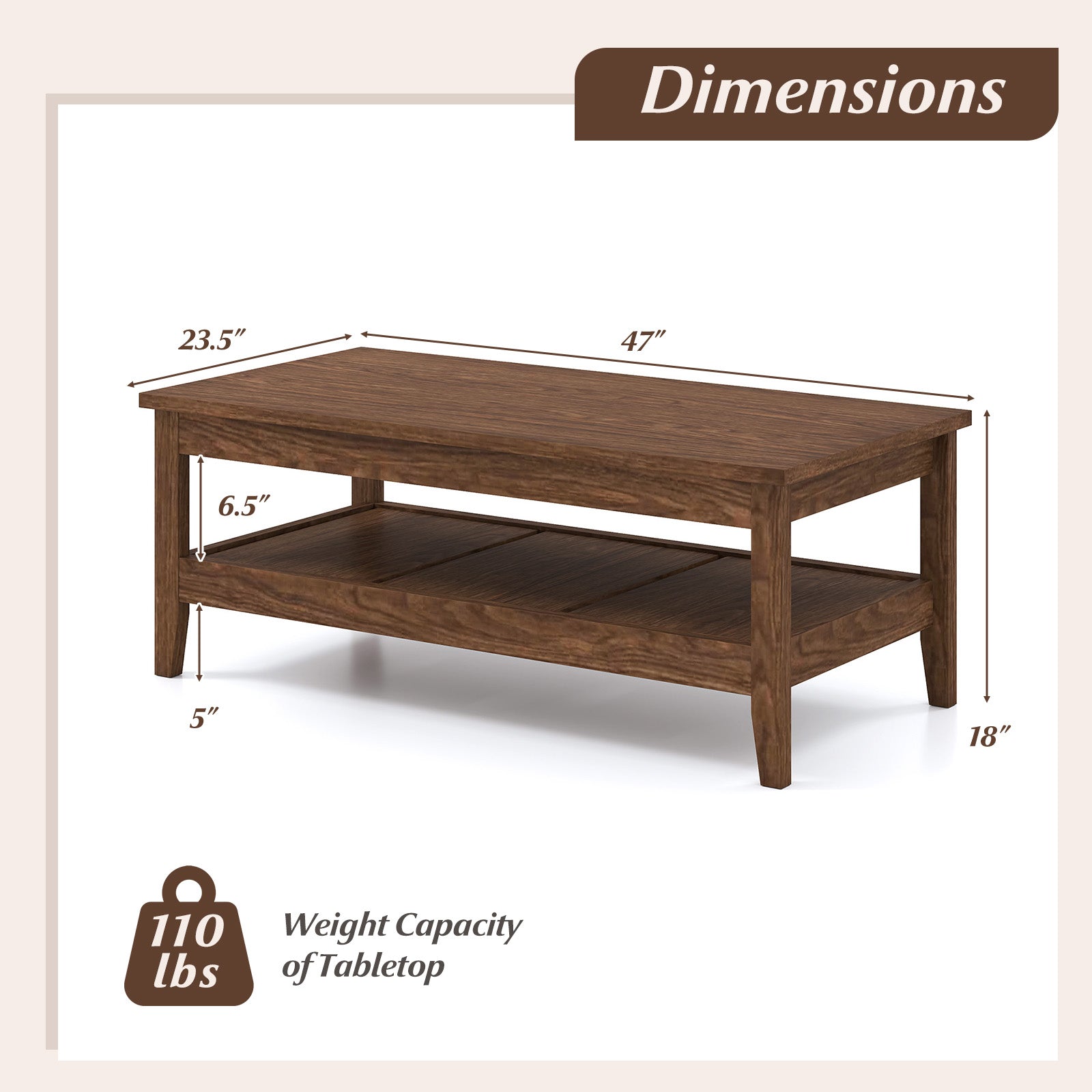 Farmhouse Coffee Table Rustic Cocktail Center Table with Thickened Tabletop-Walnue